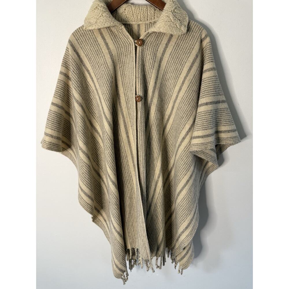 Y2K Handcrafted Plaid Shawl Wrap Poncho Wool Blend Beige 80s Hippie Boho One SZ
